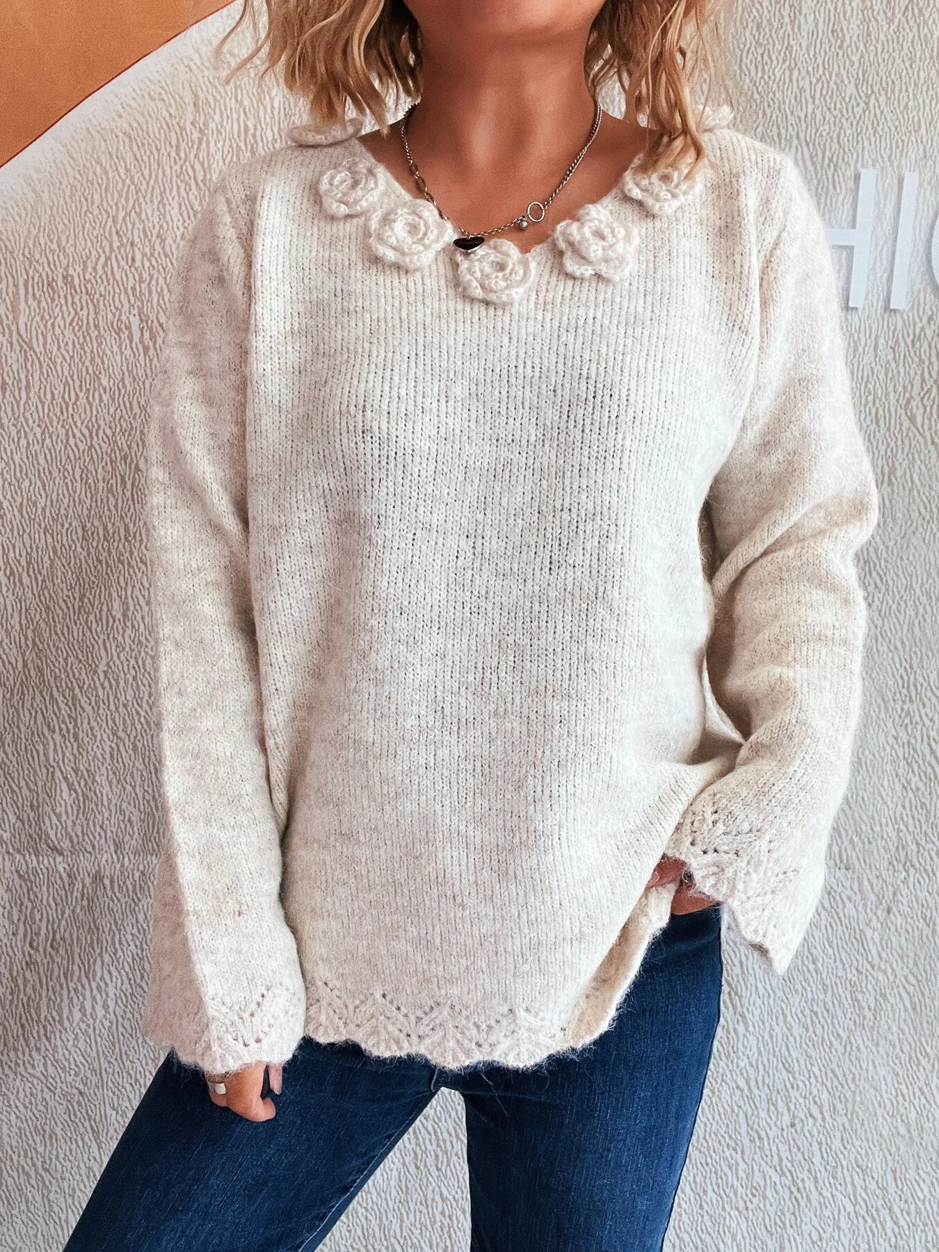 Flower V-Neck Long Sleeve Sweater - Fashorio