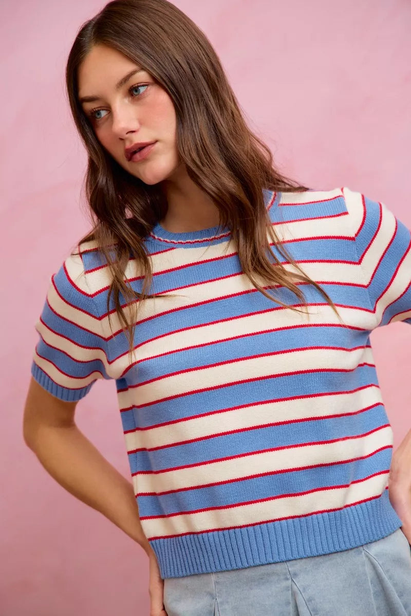 Striped crew neck sweater top detail shot