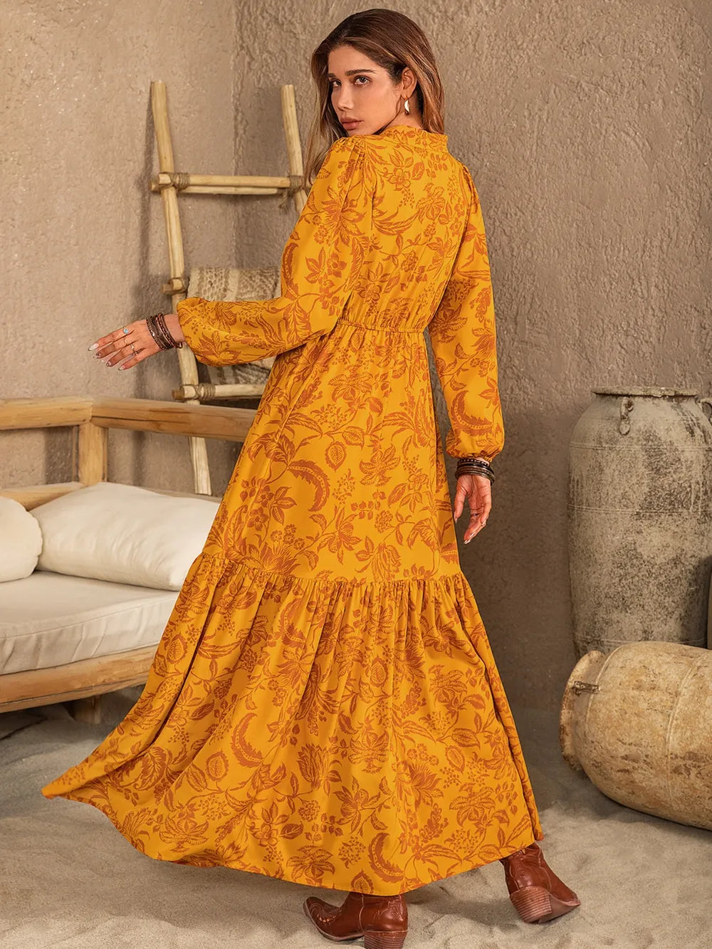 Printed notched balloon sleeve maxi dress in mustard back view