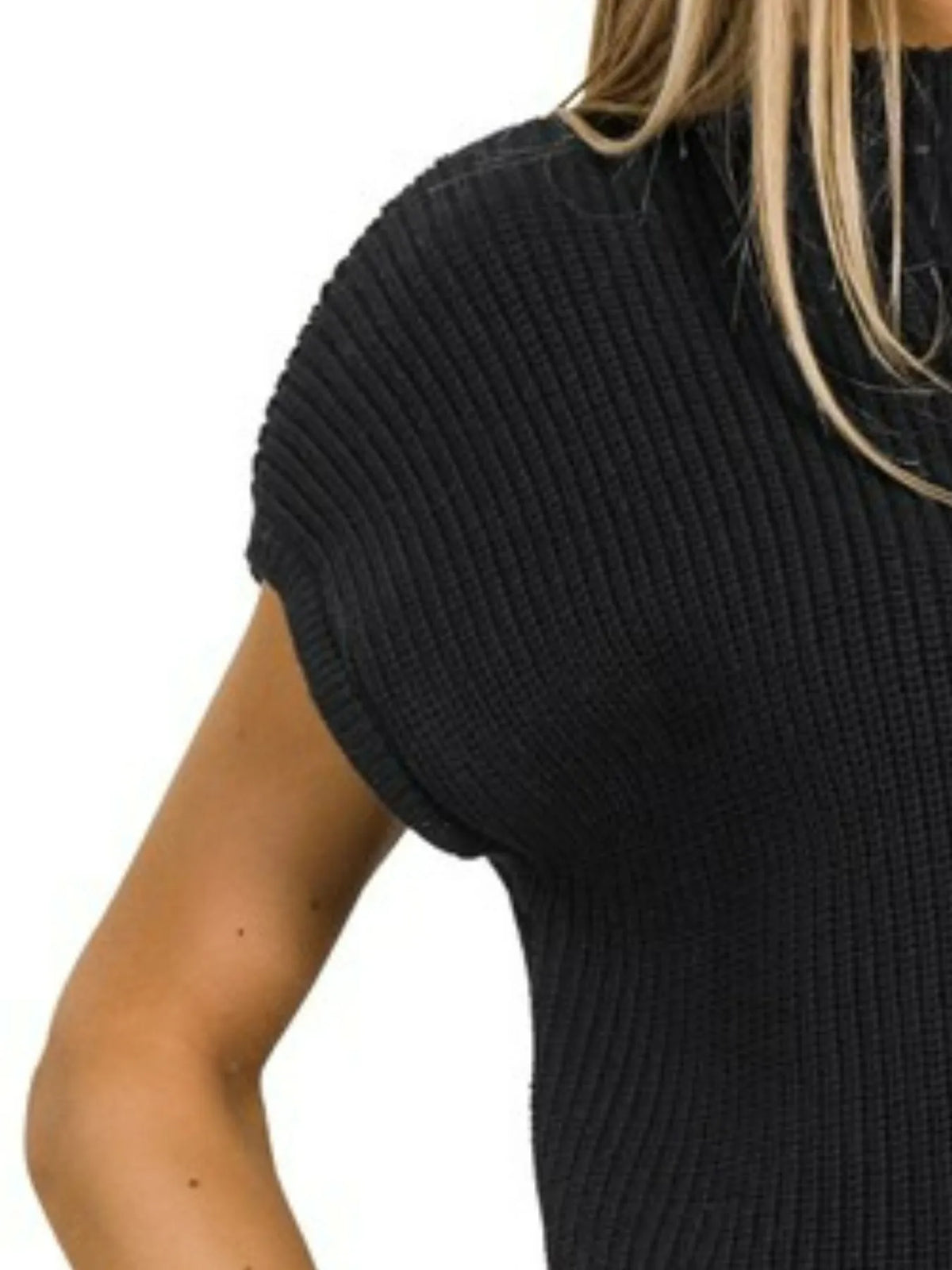Mock Neck Short Sleeve Sweater in Black side view