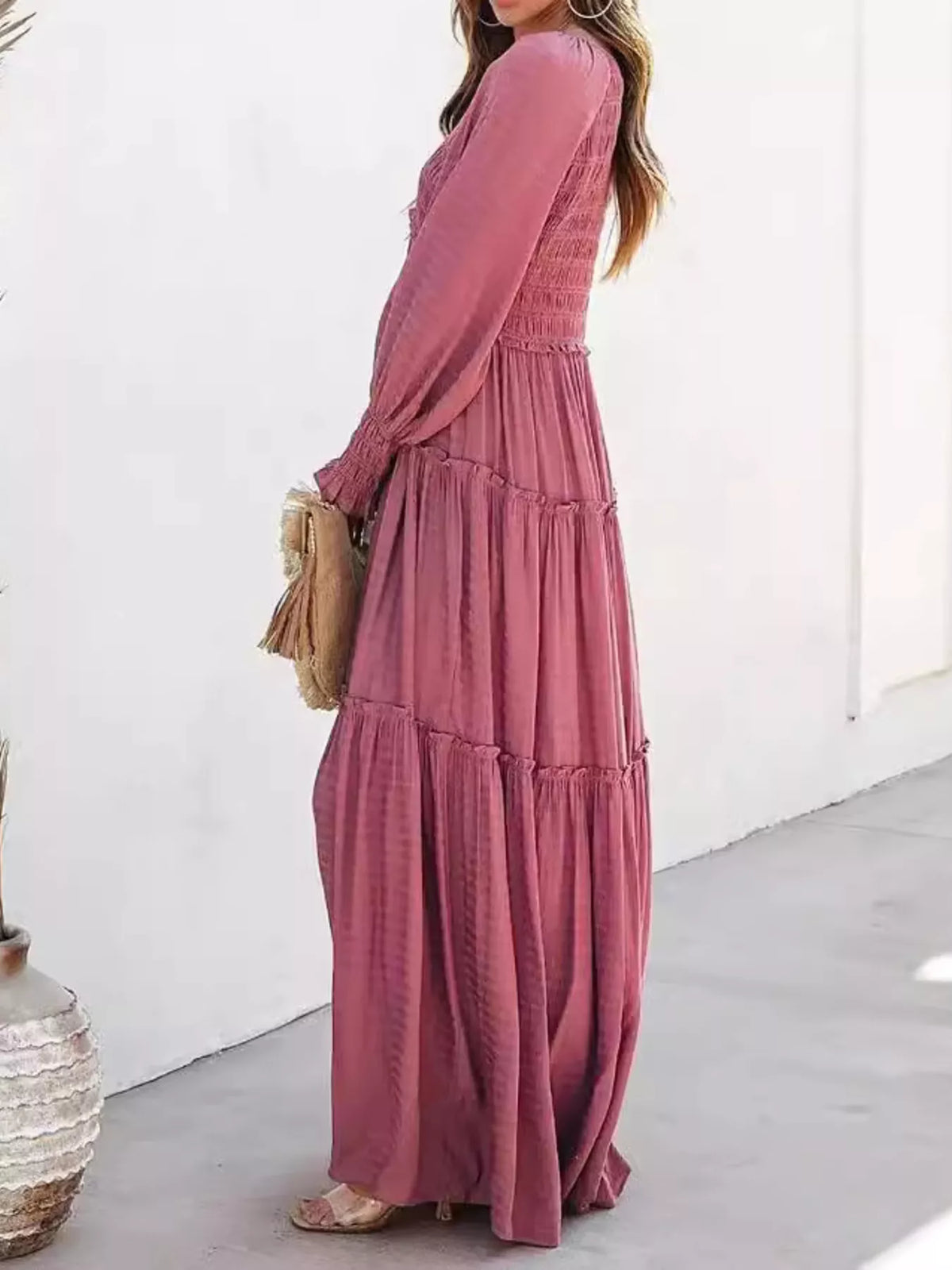 v neck long sleeve tiered maxi dress fabric texture
