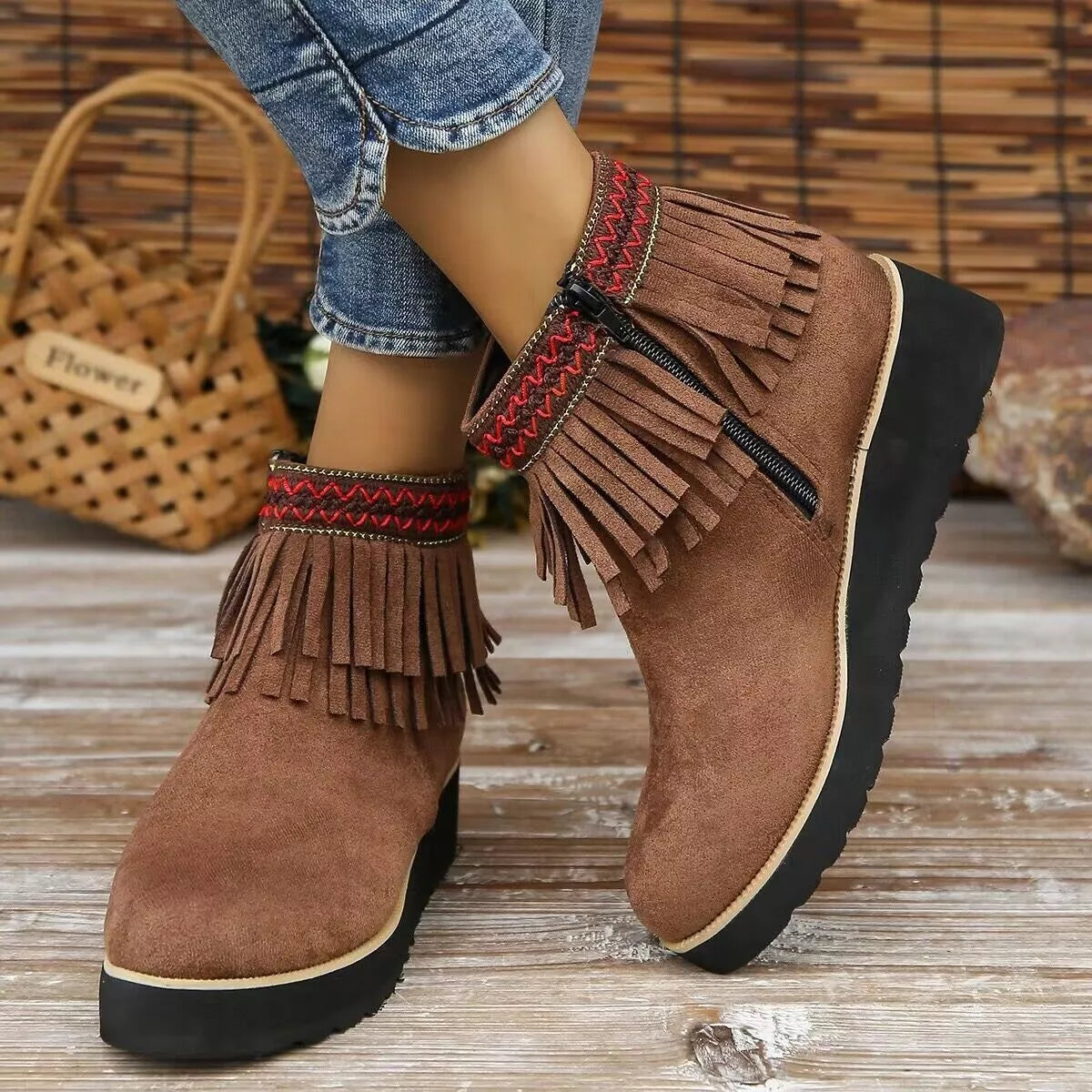 Fringe round toe ankle boots laces detail