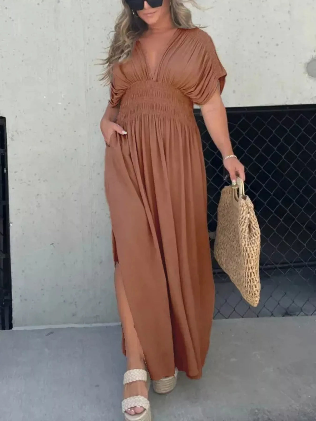 Slit V neck smocked waist maxi dress seated view