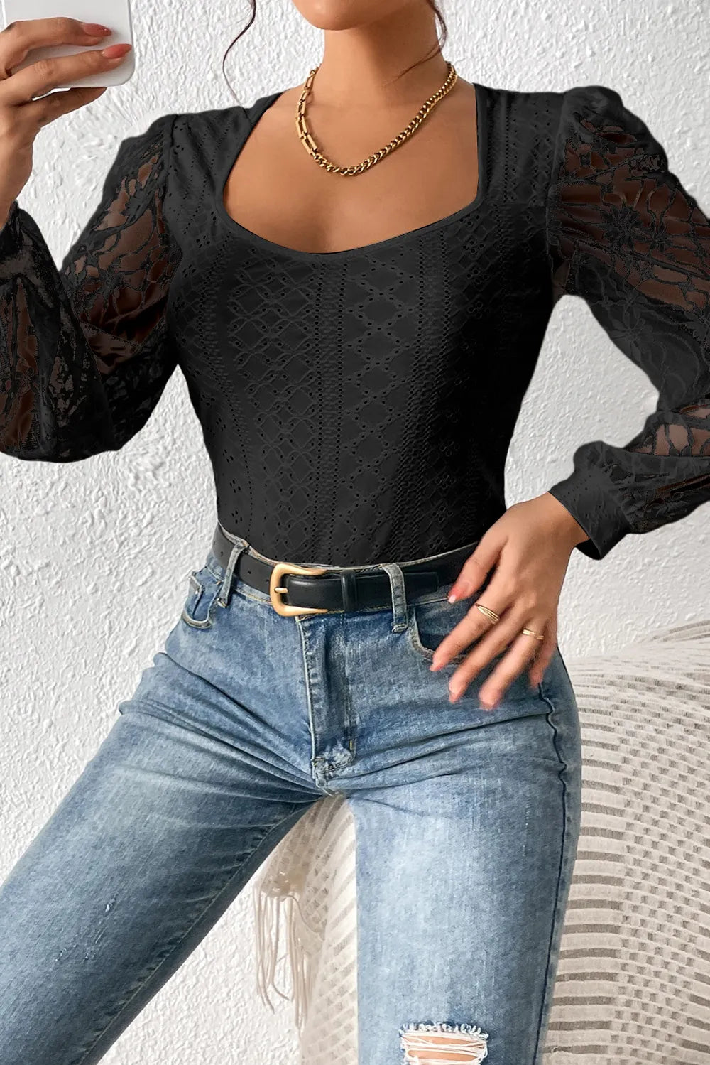 Eyelet Lace Long Sleeve Bodysuit - Fashorio