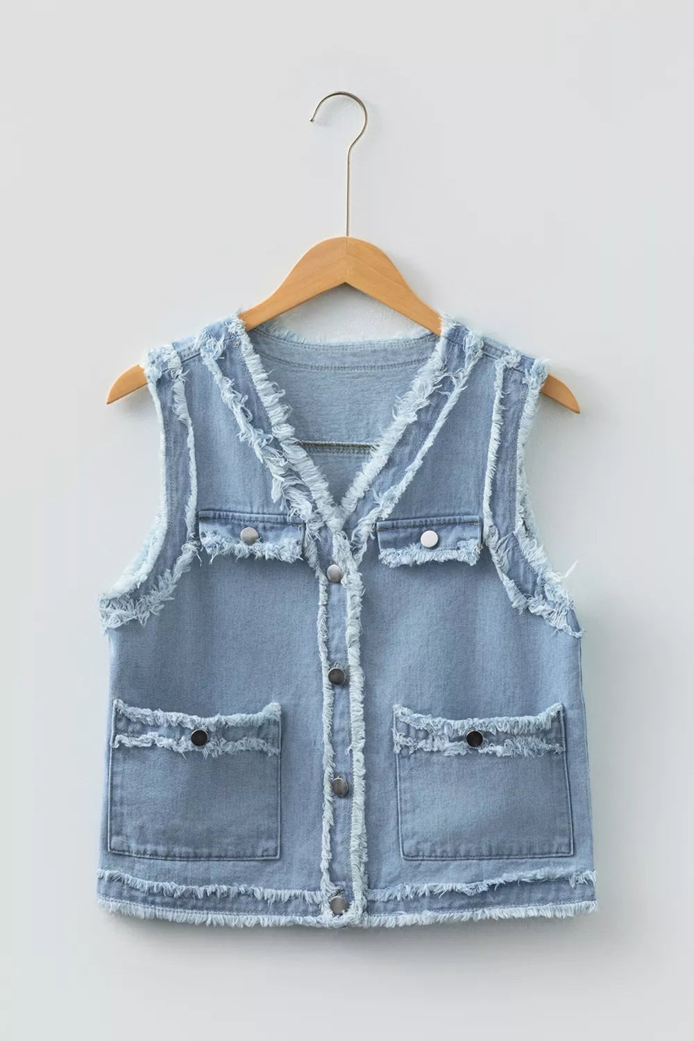 Frayed Flap Pocket Denim Vest in Light Blue close up