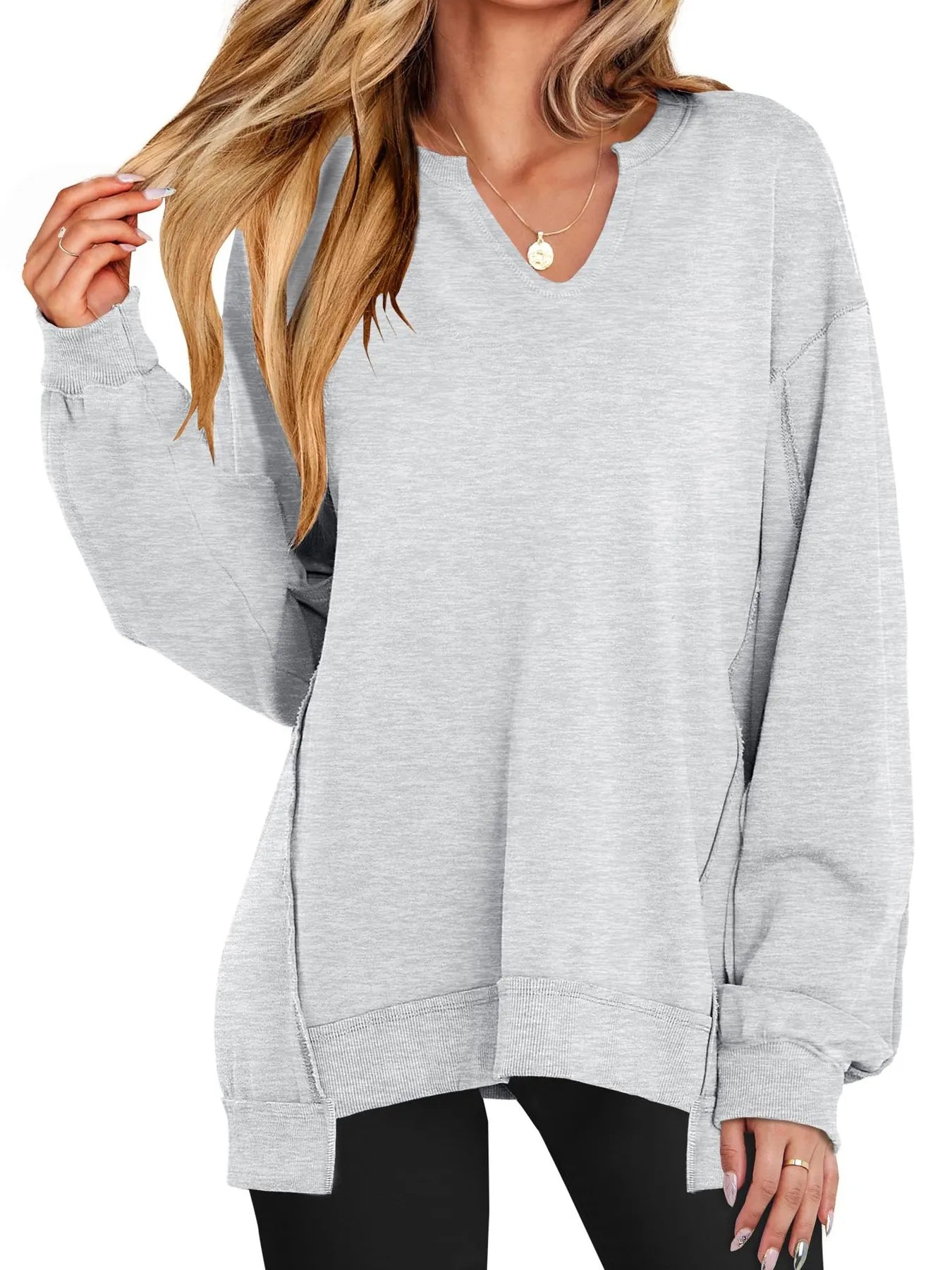 Notched Long Sleeve Oversized Sweatshirt Light Gray - Fashorio