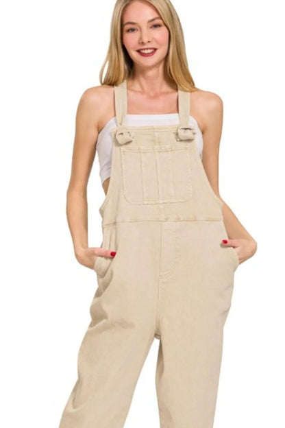 Zenana Washed Knot Strap Relaxed Fit Overalls - Fashorio