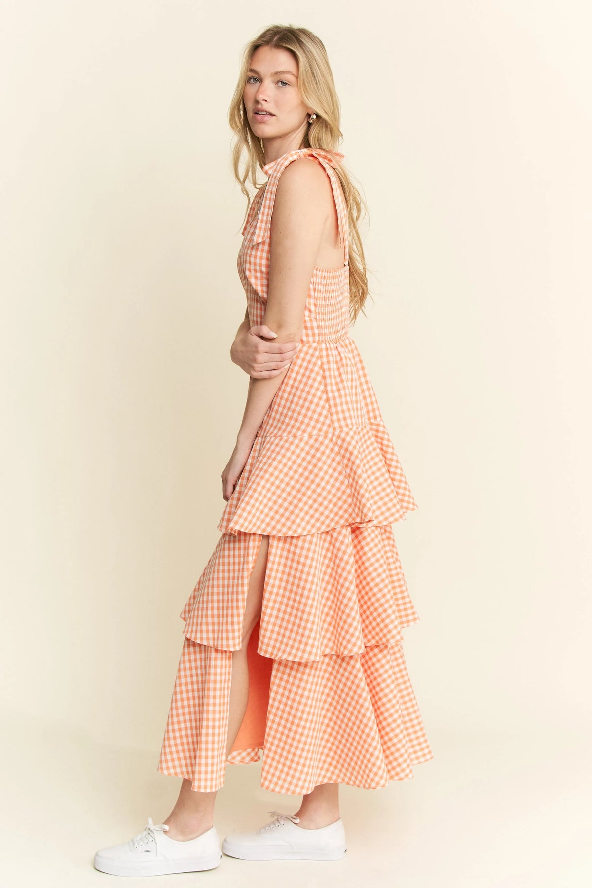 Sleeveless Gingham Print Tiered Midi Dress styled look