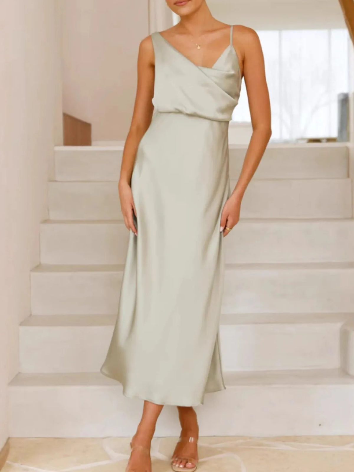 satin asymmetrical midi dress front view