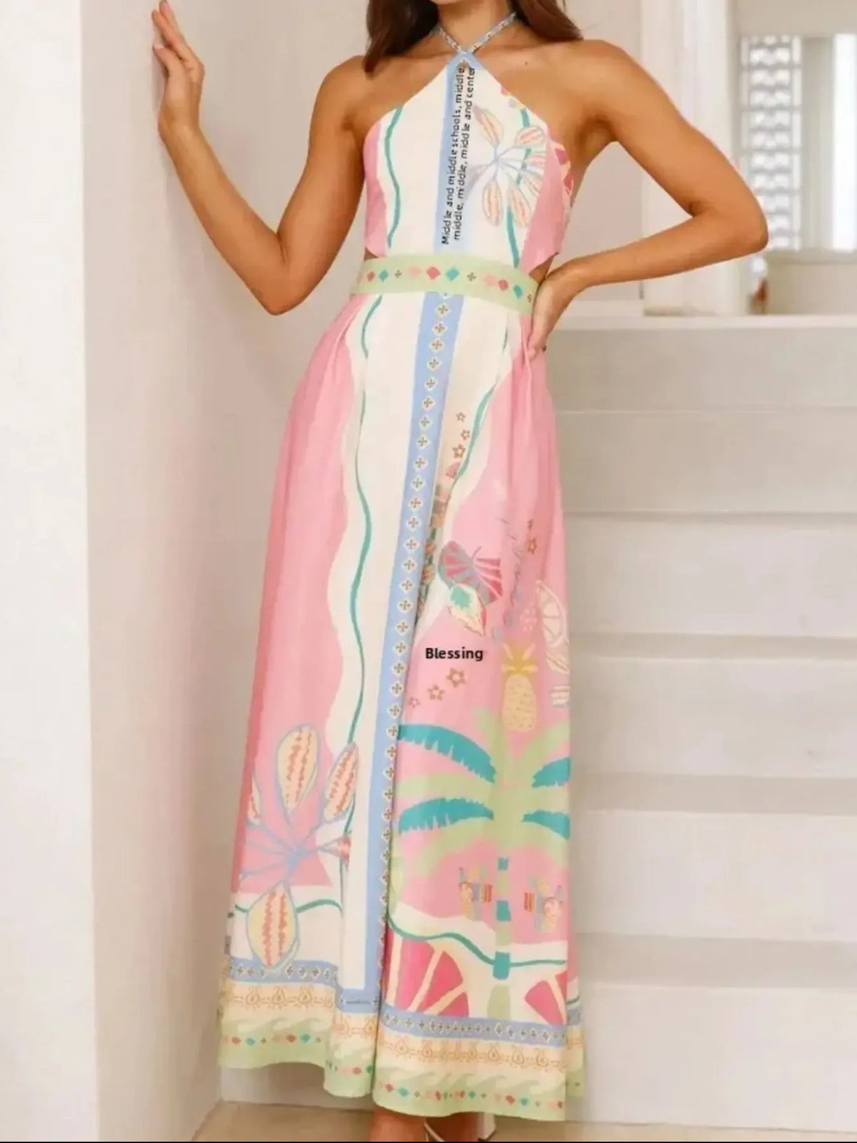 Halter neck printed maxi dress front view