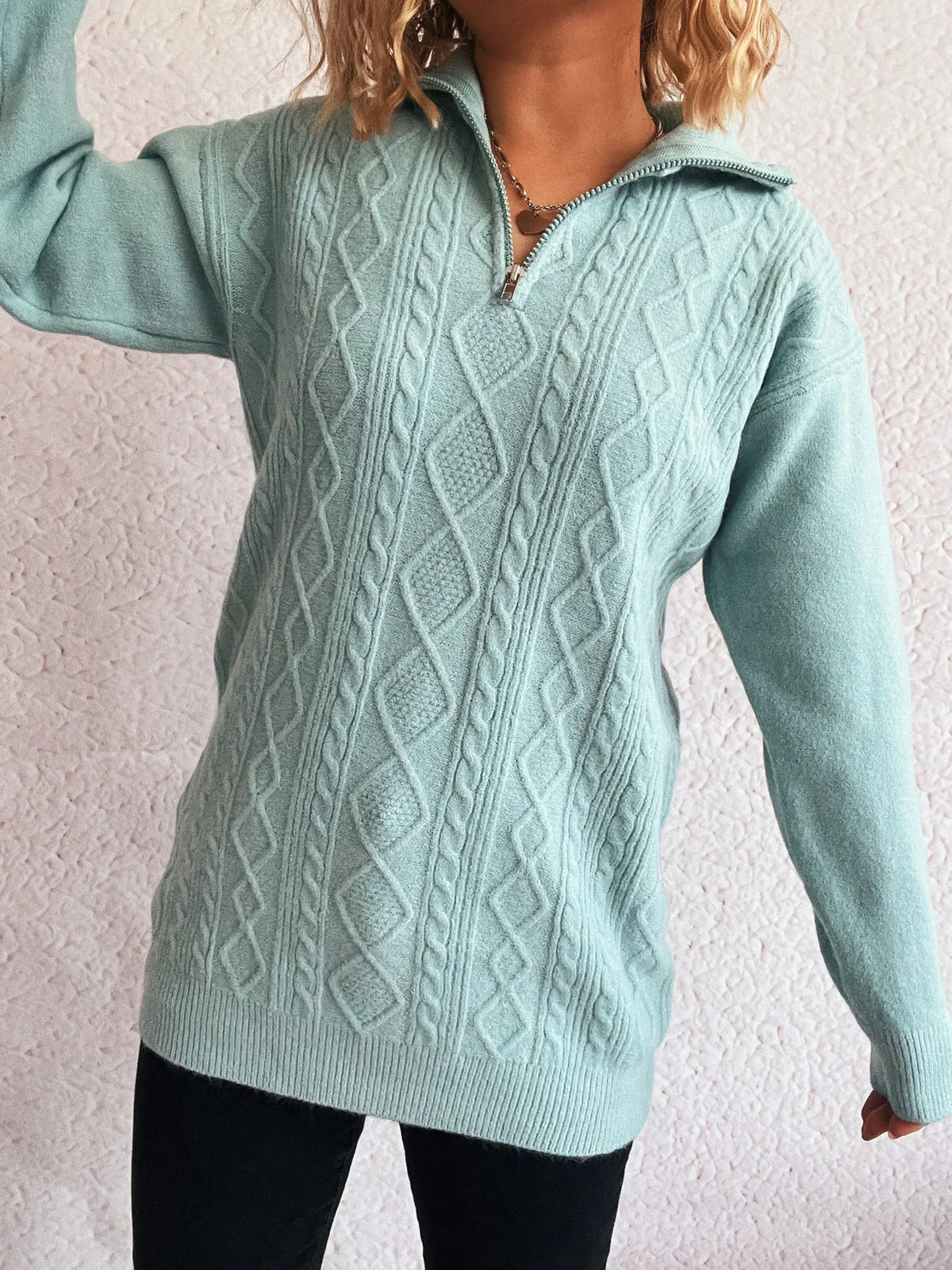 Texture zip collar long sleeve sweater, cable knit texture detail