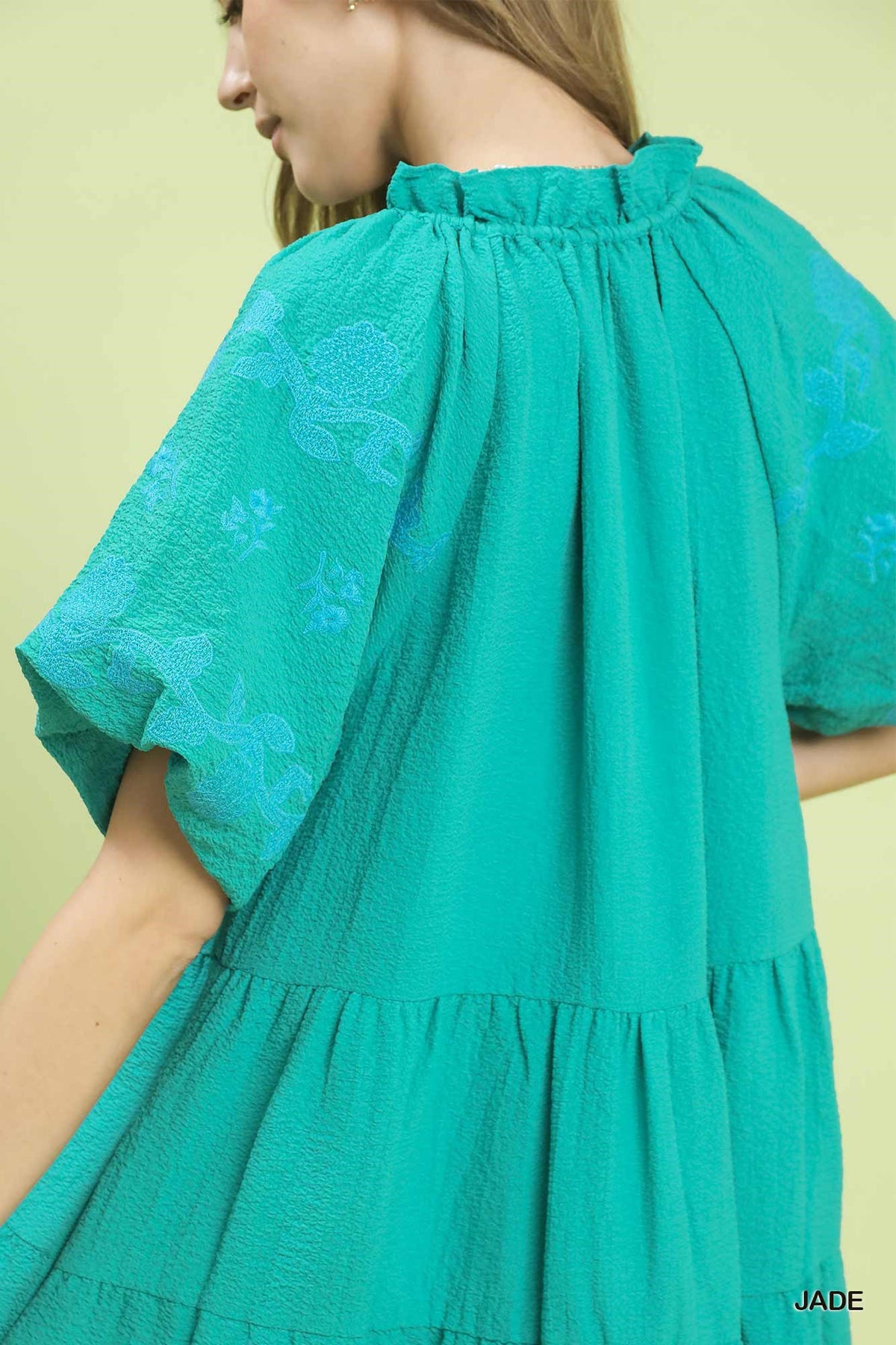 Embroidered Tiered Puff Sleeve Mini Dress detail