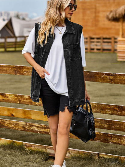 Button Down Denim Vest - Fashorio