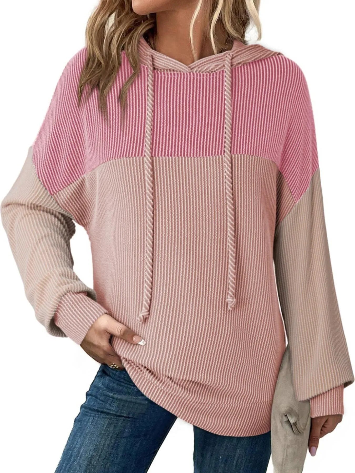 Drawstring Color Block Long Sleeve Hoodie - Fashorio