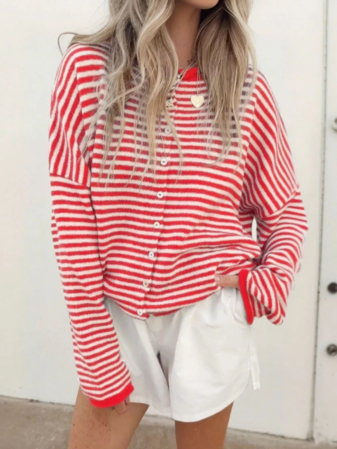 Striped Button Front Long Sleeve Cardigan Red - Fashorio