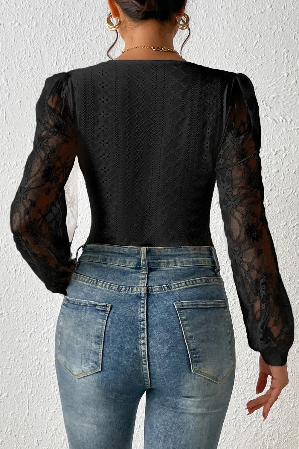 Eyelet Lace Long Sleeve Bodysuit - Fashorio