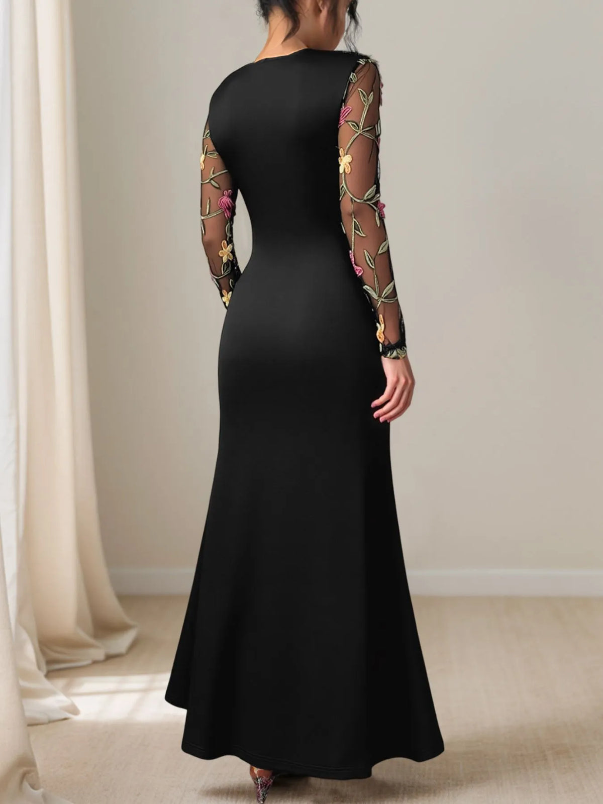 Black floral embroidered mesh sleeve ruched maxi dress full length view