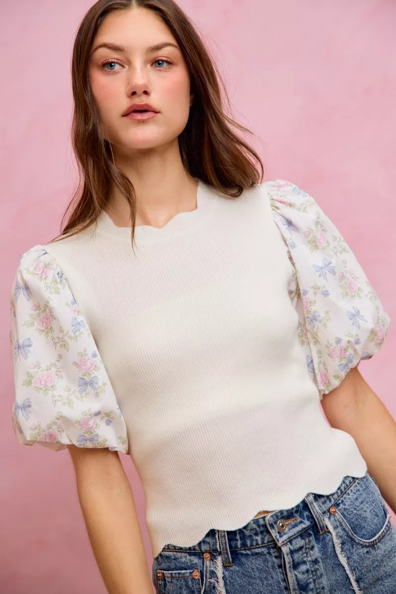 Floral contrast sleeve scallop sweater top front view