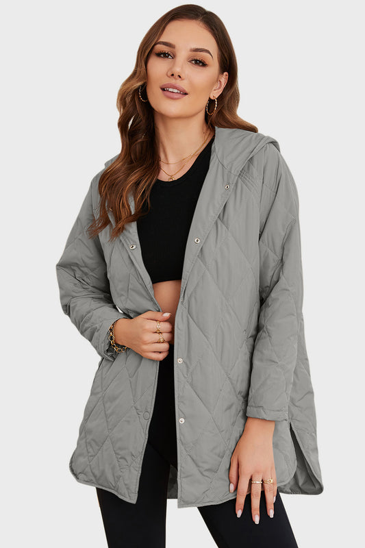 Snap Down Hooded Slit Winter Coat Light Gray - Fashorio