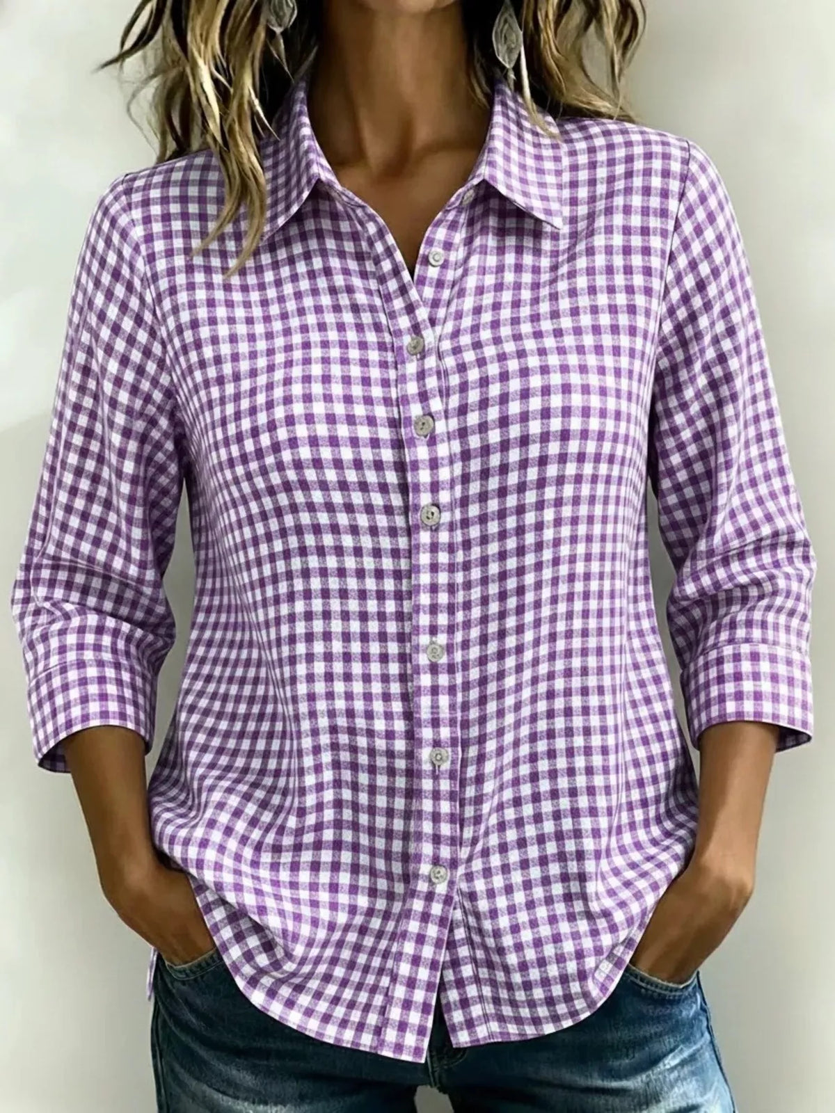 Plaid button up shirt third colour on model