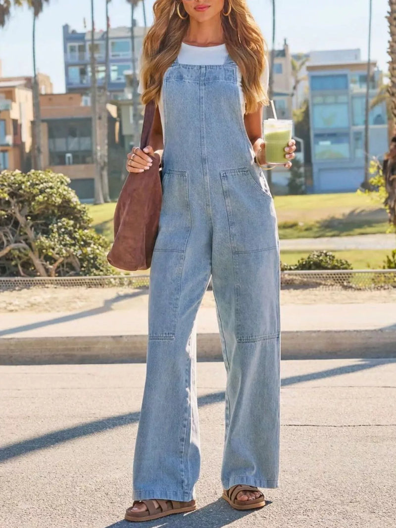 Washed wide leg denim overalls front view