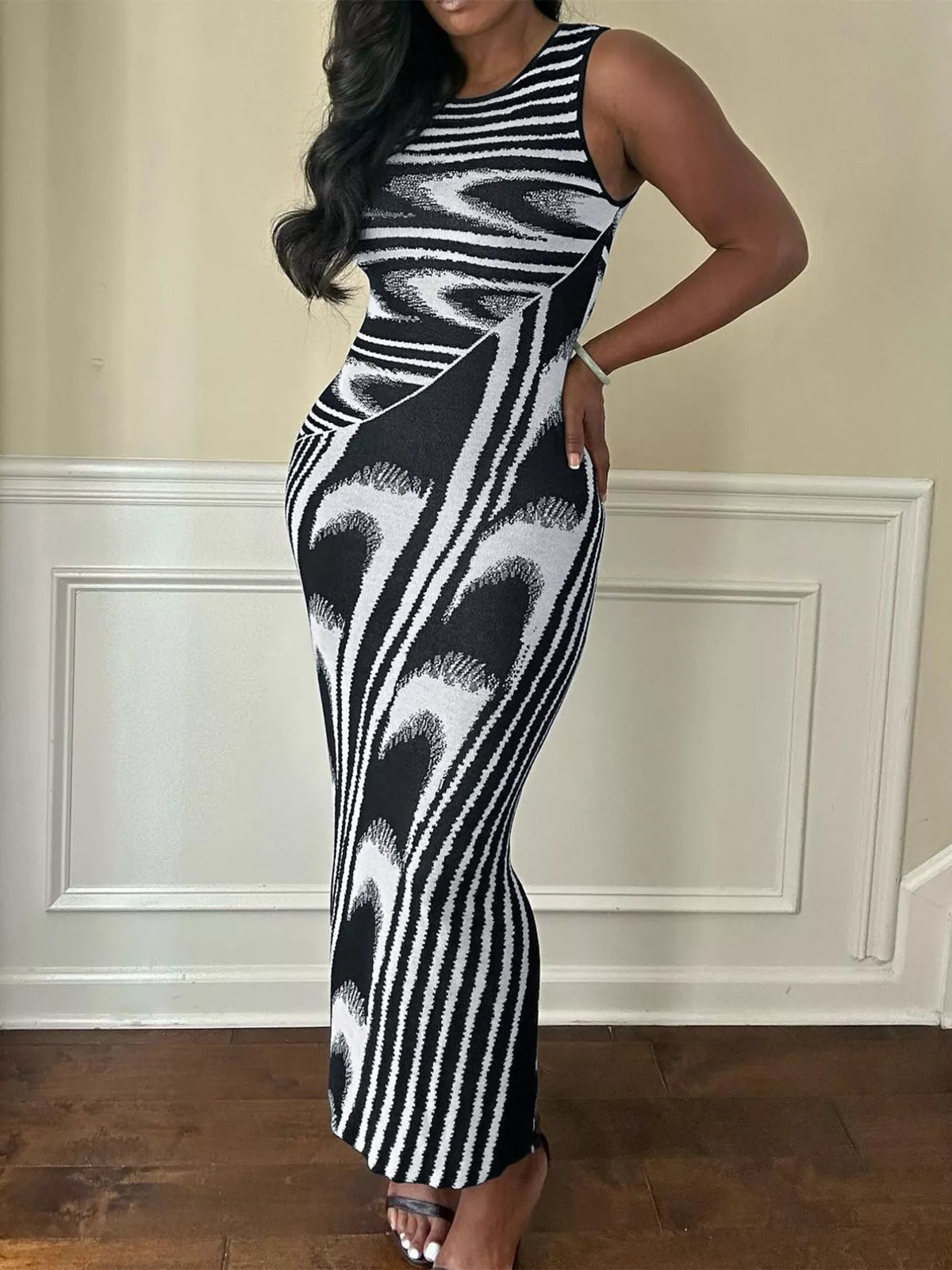black abstract print bodycon maxi dress front view