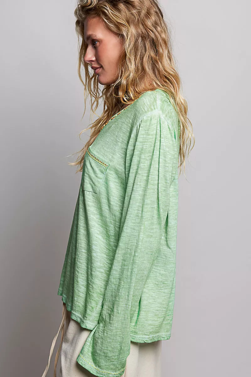 Green knit long sleeve top back view