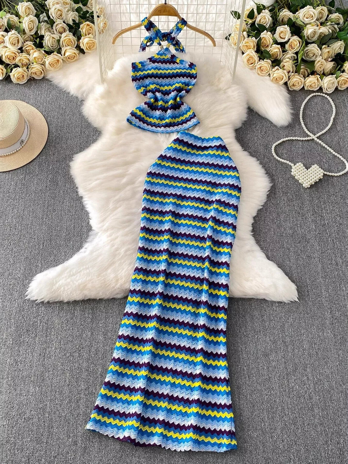 Striped knit halter top and maxi skirt two piece set front view