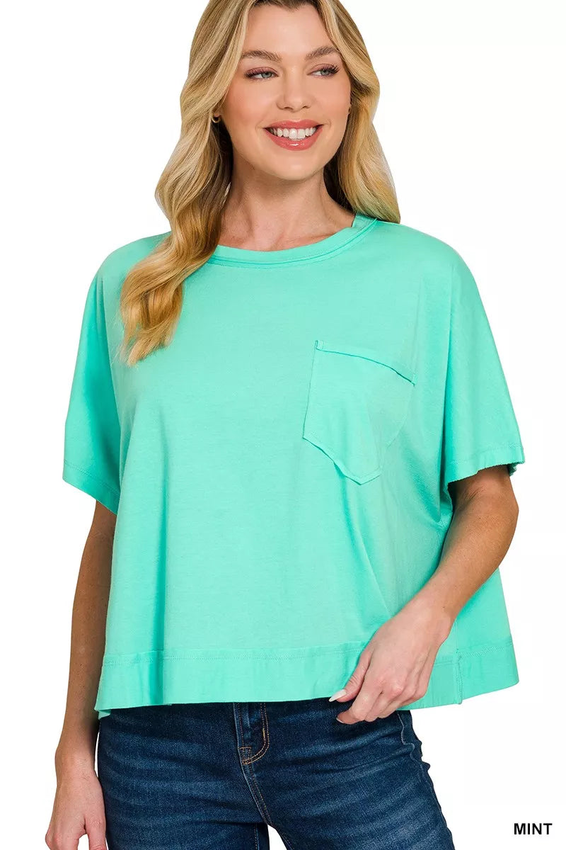 Zenana exposed seam boxy top in mint shown on model