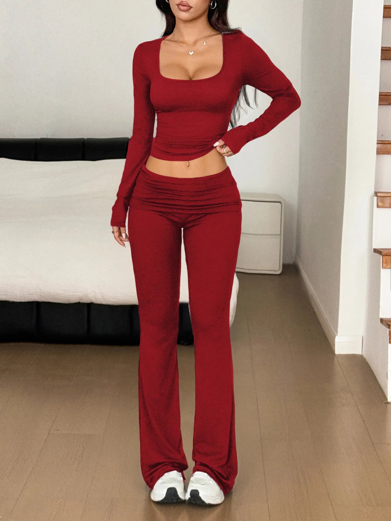 Long Sleeve Crop Top and Bootcut Pants Set - Fashorio