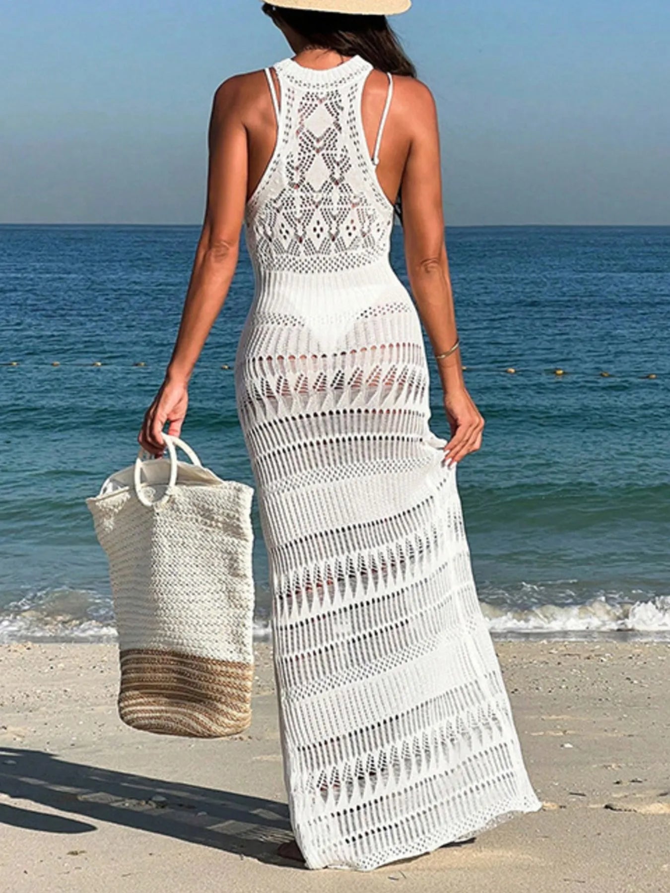 Crochet Sleeveless Split Cover-Up Maxi Dress - Fashorio