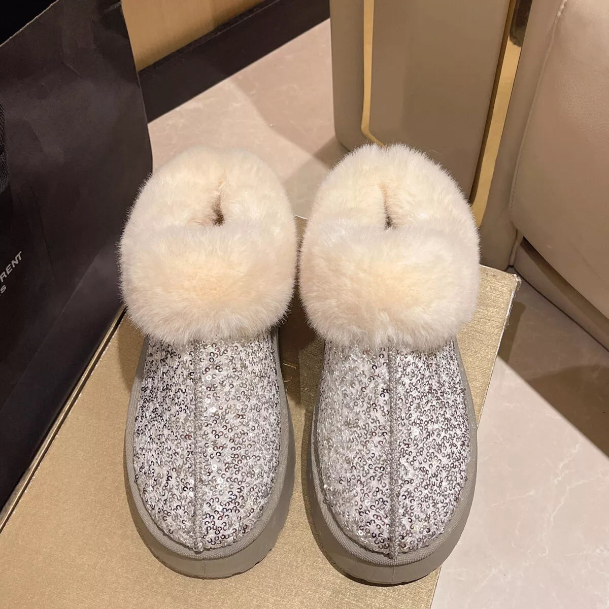 Sequin round toe platform boots, pair placed together