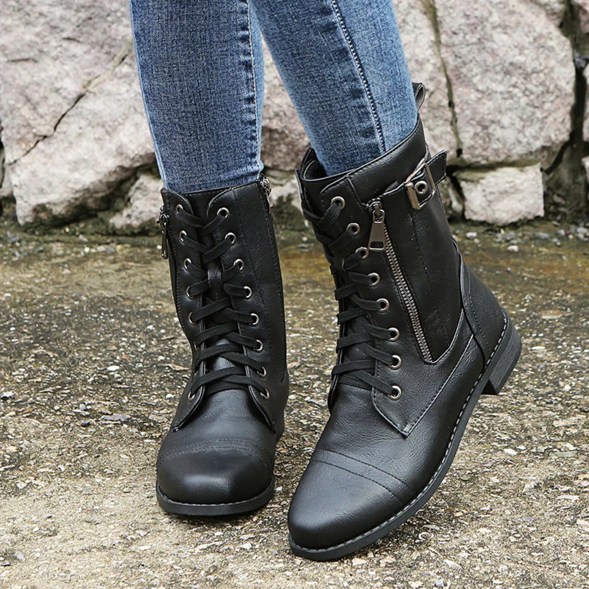 Lace Up Ankle Boots with Zipper Detail heel and sole detail