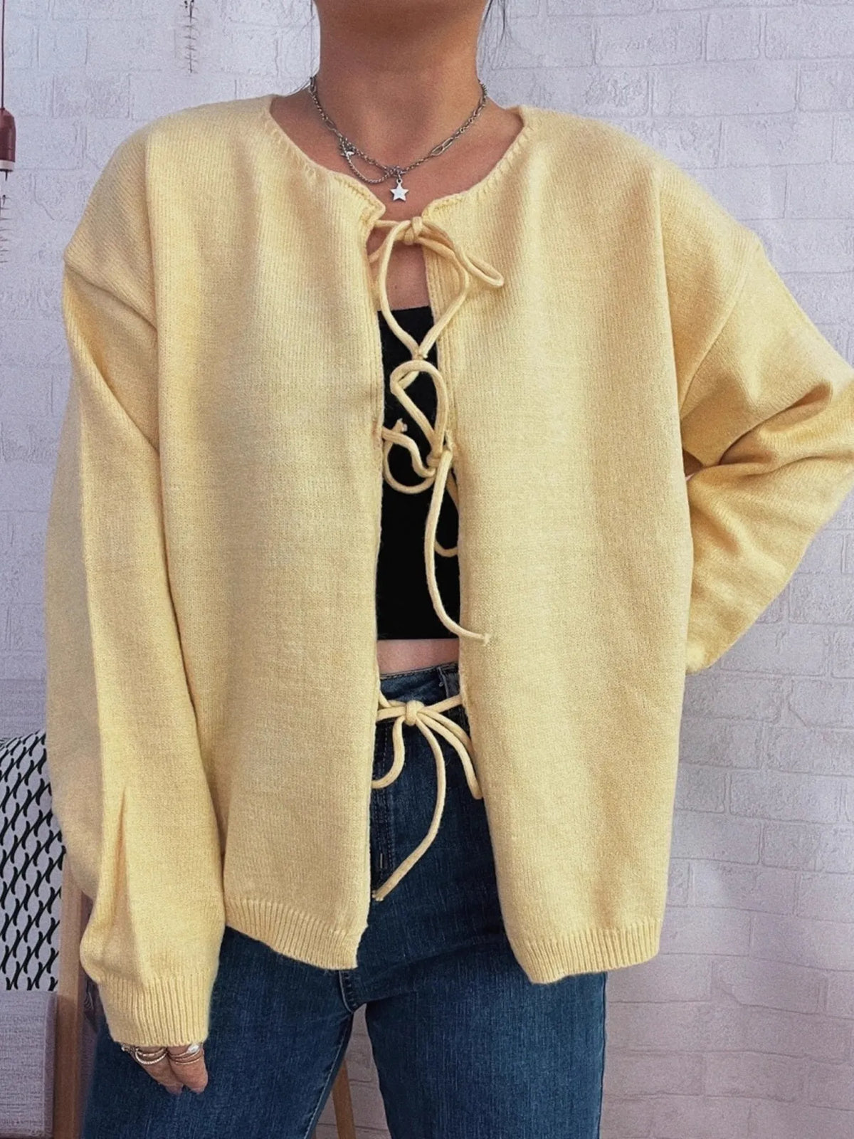 Tie front drop shoulder cardigan, back detail