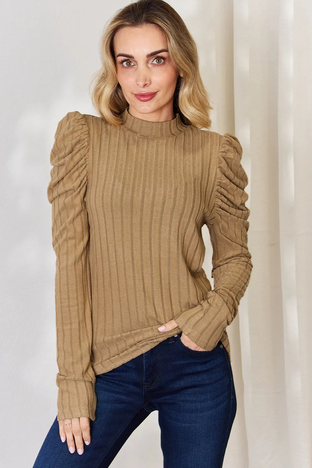 Puff sleeve mock neck top full length view