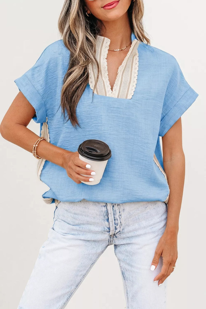 Light blue crochet lace short sleeve blouse front view