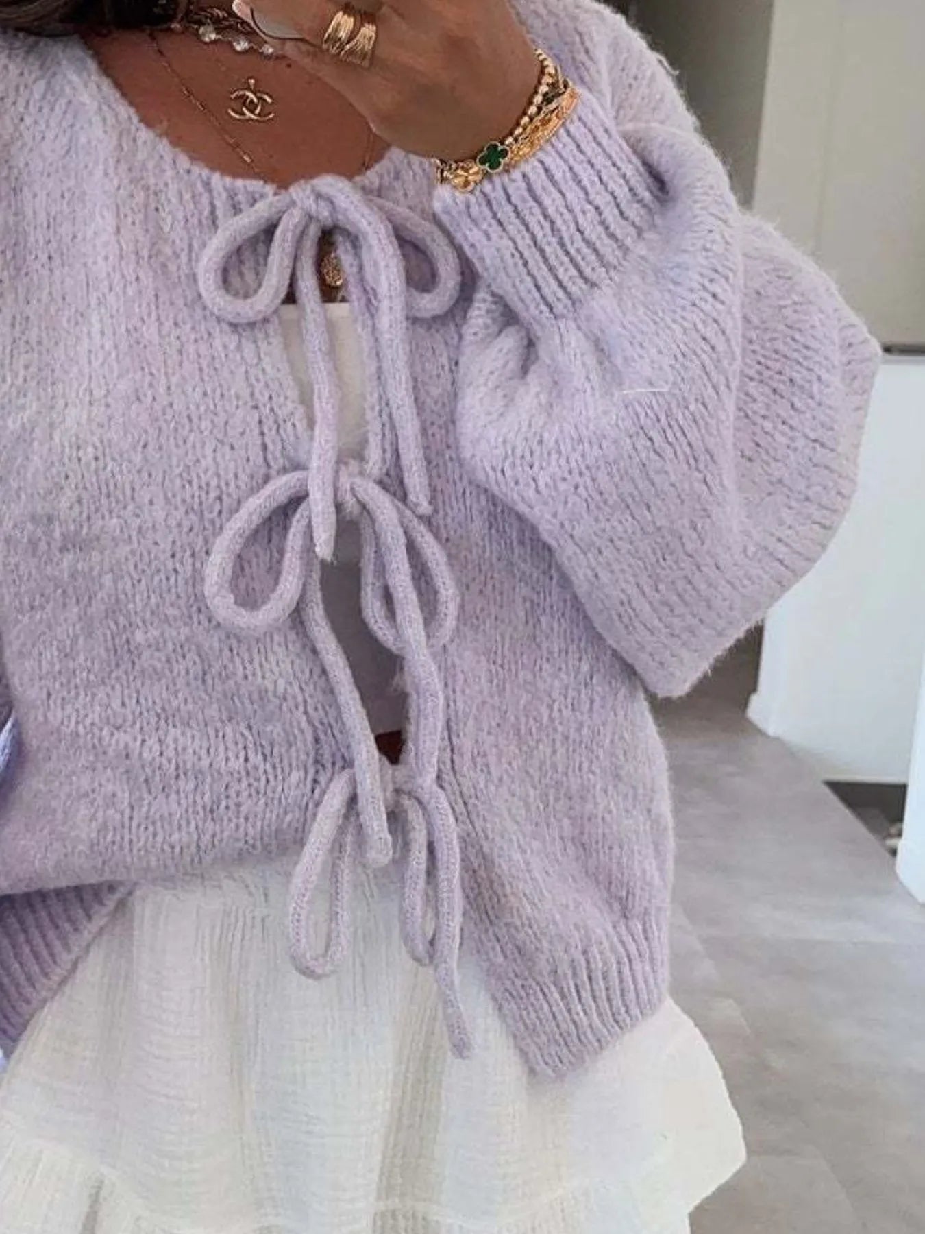 Cozy Bow-Tie Front Knit Cardigan - Fashorio