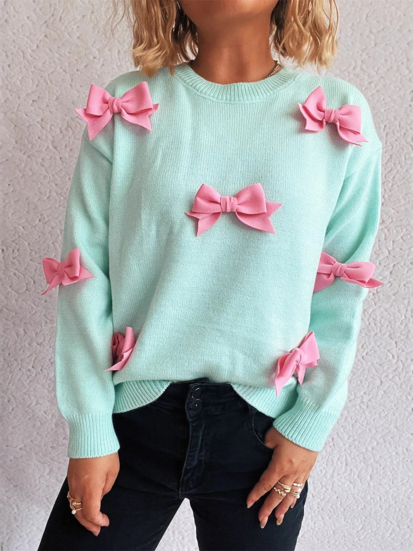 Bow Round Neck Long Sleeve Sweater Green One Size - Fashorio