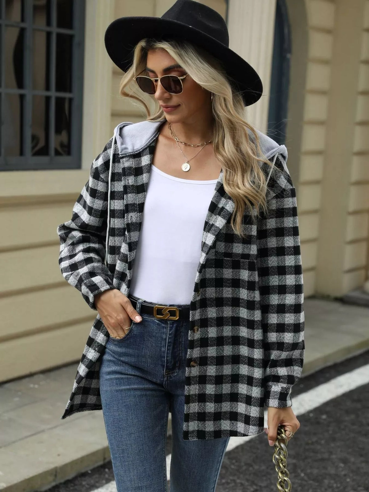 Plaid Hooded Drawstring Jacket in Black on model