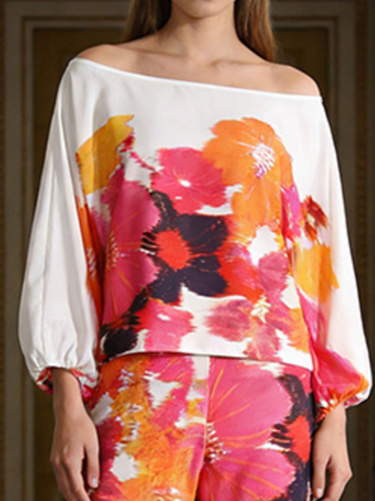 Off shoulder floral set back view