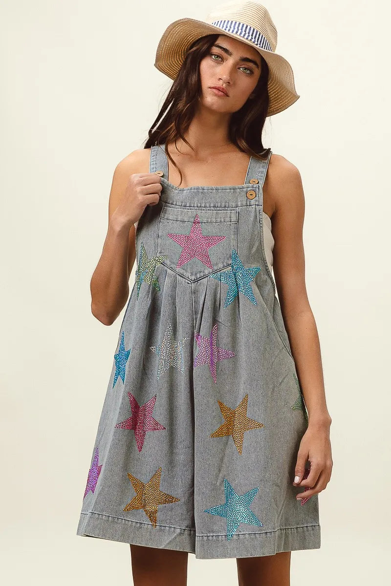BiBi Star Rhinestone Washed Wide Leg Shortalls - Fashorio