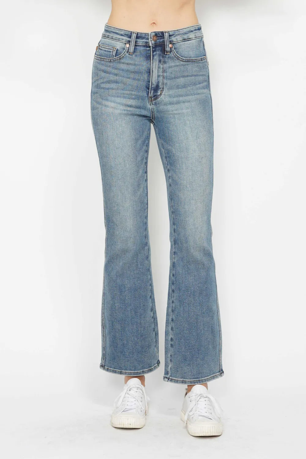 Judy Blue tummy control embroidered bootcut jeans front view on model