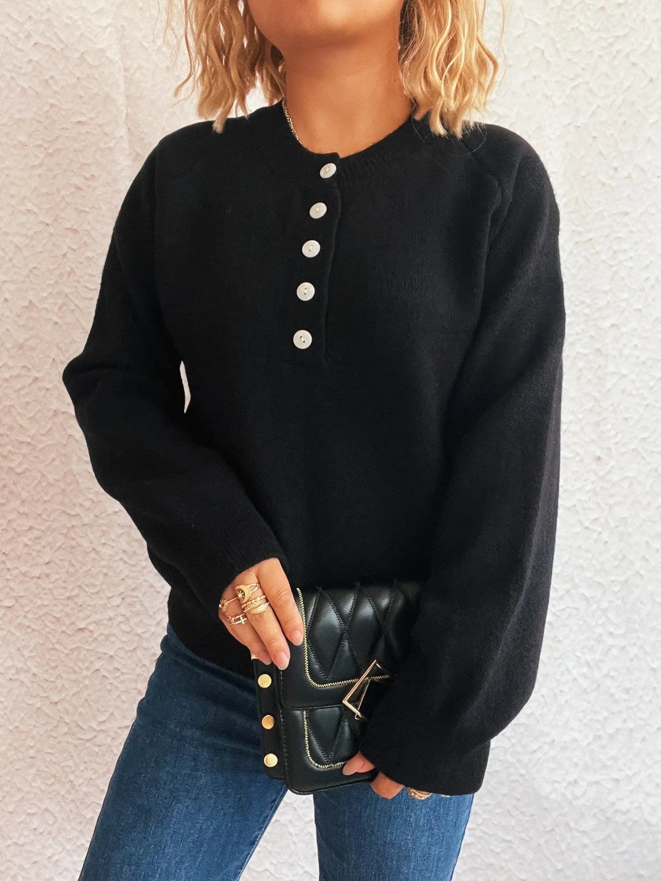 Button-Front Long Sleeve Sweater - Fashorio