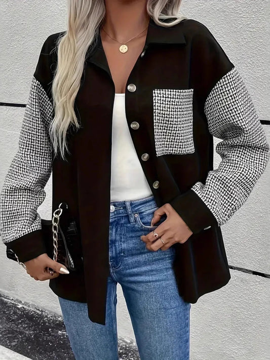 Houndstooth Contrast Button-Up Oversized Jacket Black - Fashorio
