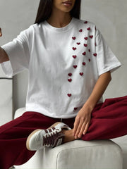 Plus Size Heart Round Neck Short Sleeve T-Shirt White - Fashorio