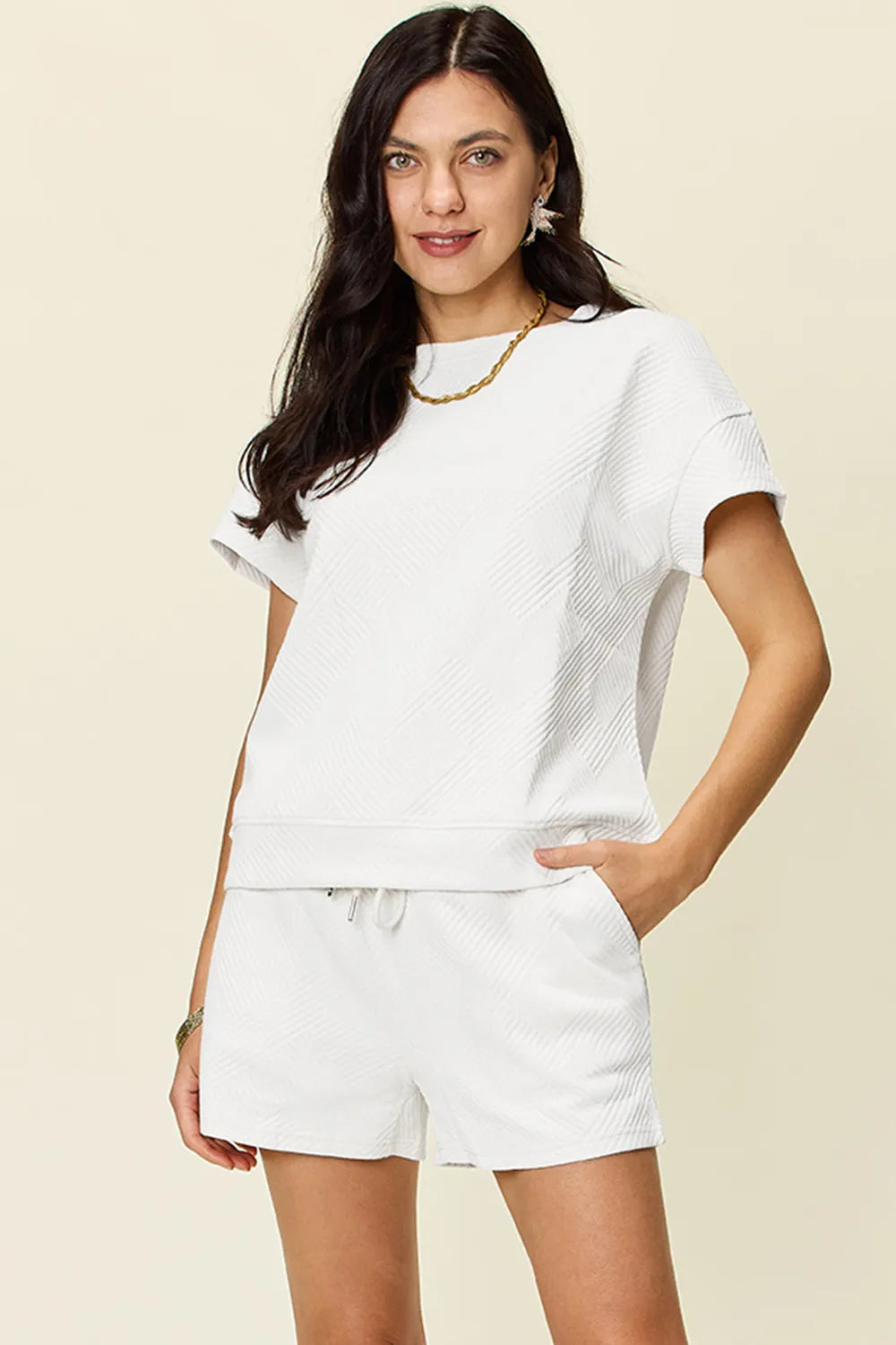 Double Take Full Size Texture Short Sleeve T-Shirt and Drawstring Shorts Set White - Fashorio