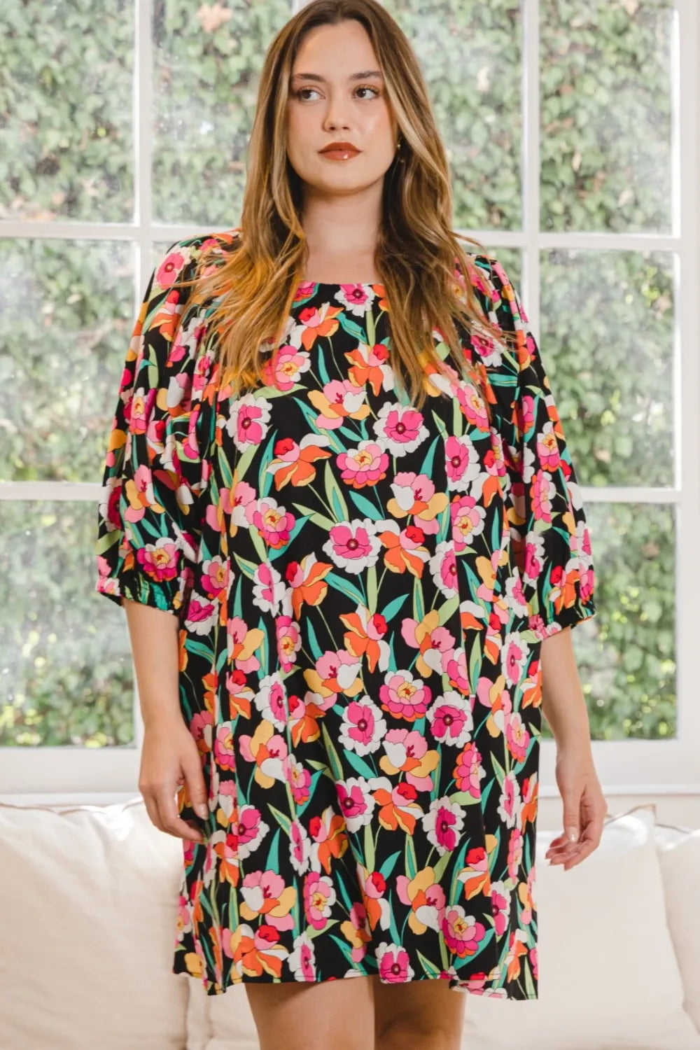 Floral Puff Sleeve Mini Dress in Black