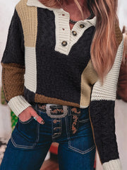 Multicolour Color Block Cable Knit Sleeve Buttons Collared Sweater Taupe - Fashorio