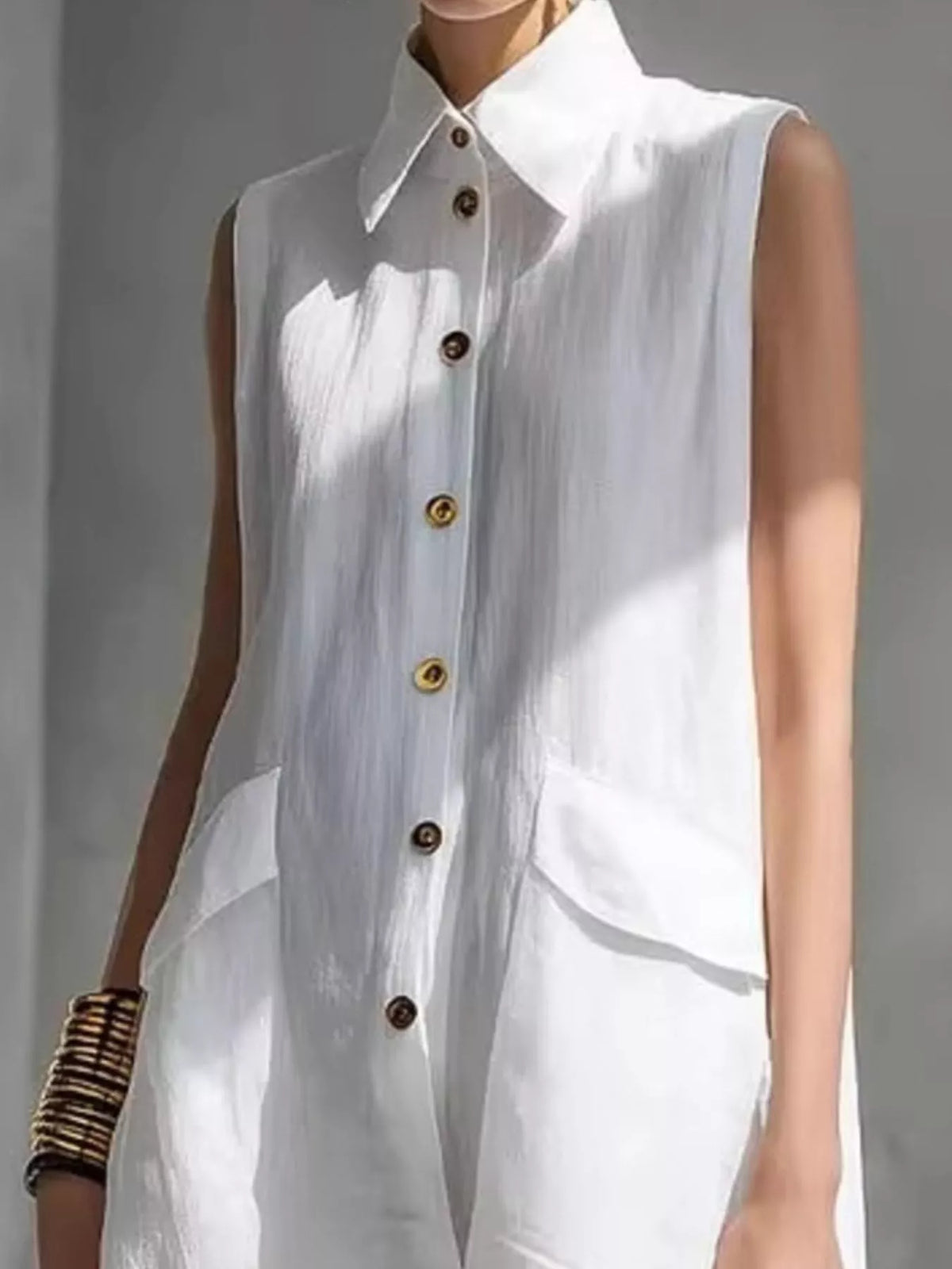 Button front sleeveless dress side view