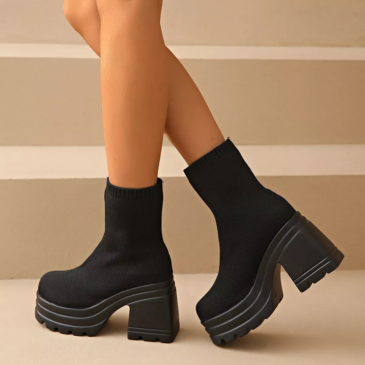 Round toe block heel boots back view